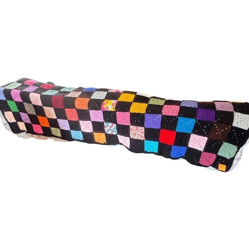 Handmade Granny Square Crochet‎ Afghan Blanket Multi-Color Patchwork Large Black